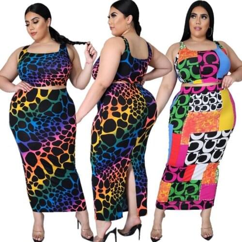 Women Plus Size Two Piece Midi Dress Outfits - Sexy Sleeveless Tie Dye Print Tank Crop Top + Bodycon Tie Pencil Skirts Set