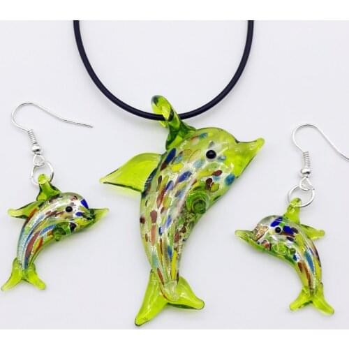 1Set Chinese Style Glass Murano NEW Trendy Creative DIY Green Love Dolphin Pendant Necklace For Women Animal Charm Jewelry Gift