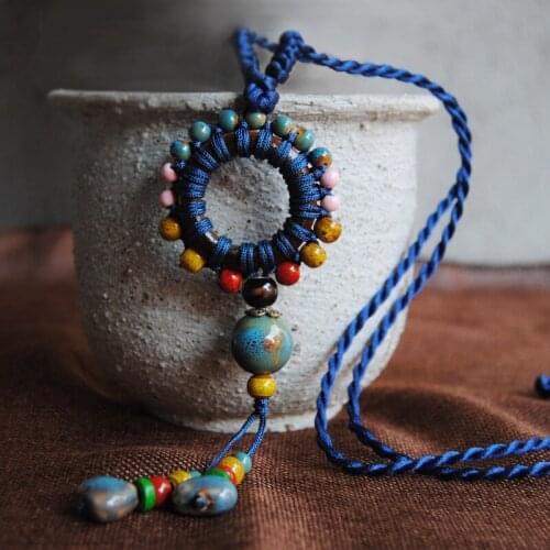 12 Pieces/Lot Ceramic Beads Strand Long Necklace Charm Bead Choker For Women Ethnic Rope Knot Necklaces Sweater Chain Accessory