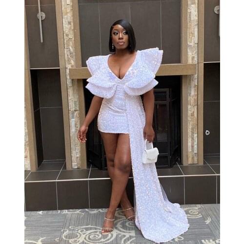 2021 White Arabic Sequined Prom Dresses V Neck Long Sleeve Women Plus Size Short Formal Evening Gowns Cocktail Dress