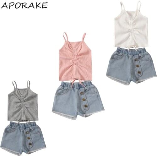 2021 0-6Y Summer Fashion Kids Girl Clothing Drawstring Pleated Solid Color V Neck Sleeveless Top Vest+Button Denim Shorts 2pcs