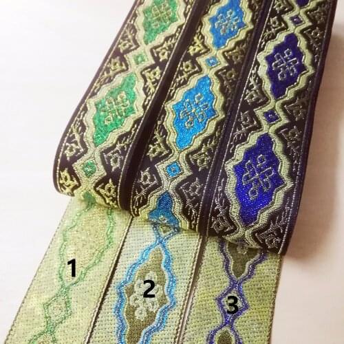 3.3cm 33mm 1-3/8' Green Turquoise Filigree Metallic Colorful Rhombus Ribbon Costume Trim Laciness National Jacquard Webbing Lace