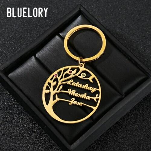 Bluelory Customized Stainless Steel Tree Of Life Family Name Keychains 12 Birthstones Custom Keyring For Mom Dad Lovers Gifts