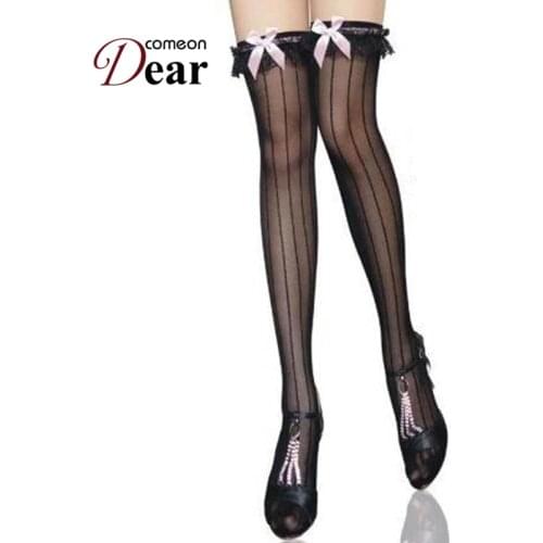Comeondear Bowknot Thigh High Stockings Black Ultra Thin Stocking Summer Thig High Striped Stockings Over Knee Socks B2075