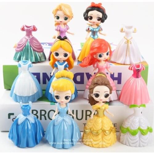 Disney Princess Snow White Little Mermaid Ariel Alice belle change clothes 9cm 12pcs/set Action Figure Anime Figurine Toy model
