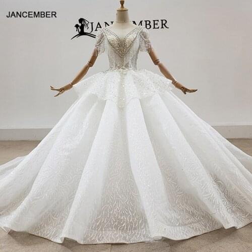 HTL1942 Ball-Gown Beaded Tassel Crystal Luxury Wedding Dress 2020 Short Cap Sleeve V-Neck Lace Up Back