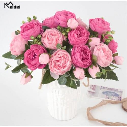 Meldel Silk Roses Peony Artificial Flowers Beautiful Flores Bouquet for Wedding Party Home Decoration Mariage White Fake Flowers