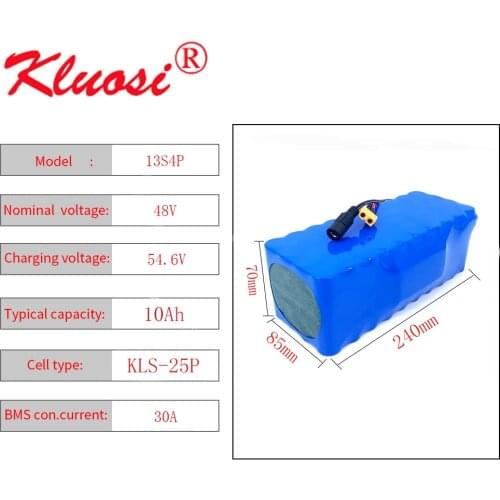 KLUOSI 48V 10Ah 1200W 13S4P 48V Battery 54.6V Li-ion Battery Pack with 30A BMS for Motor Electric Scooter Vehicle Ebike Bicycle