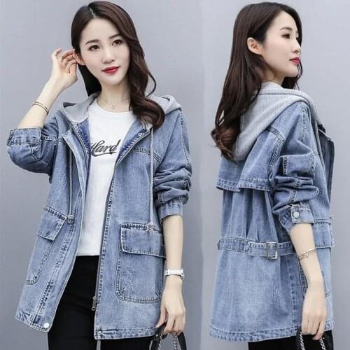 Womens fashion jacket 2021 spring and autumn new hooded denim jacket female mid-length student Korean loose BF wind casual all