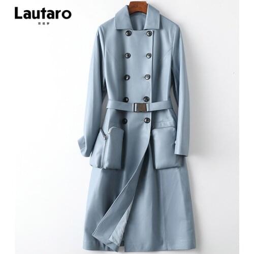 Lautaro Autumn Long Light Blue Leather Trench Coat for Women Belt Double Breasted Plus Size Elegant Luxury British Style Fashion