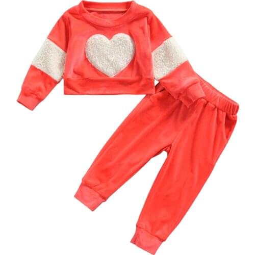 2021 1-6Y Cute Autumn Kids Baby Girl Clothing Set Hearts Shape Fur Patch Long Sleeve Sweatshirt+Pants Orange Tracksuit 2pcs