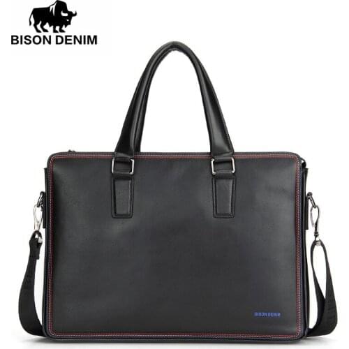BISON DENIM Luxury famous brand handbag shoulder bags business men briefcase laptop bolsos mens travel bags genuine leather bag