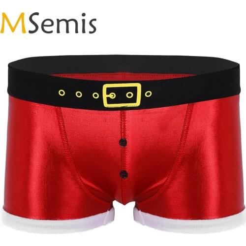 MSemis Red Mens Underwear Pants Tight Faux Leather Printed Belt Pattern Boxer Christmas Holiday Santa Claus Costume Boxer Shorts