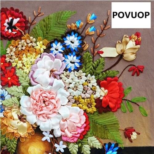 POVUOP New arrival ribbon embroidery paintings delicate fragrance floating 3d large print diy three-dimensional cross-stitch