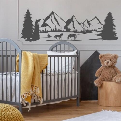 Nature Forest Mountains Pine Trees Wall Stickers Vinyl Interior Home Decor Room Bedroom Nursery Wild Horse Decals Wallpaper S256