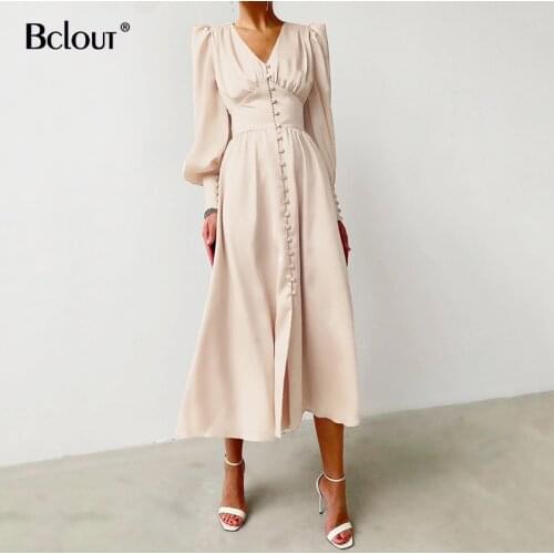 Bclout Elegant Satin Single-Breasted Shirt Dress Fashion Beige Slim V Neck Long Dresses Woman Latern Sleeve Autumn Winter Robe