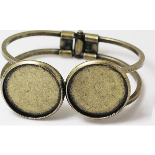 Blank Cuff Bangle Findings with Double 20mm Round Smooth Bezel Cabochons Bases Spring Bangle DIY Settings Antique Bronze tone