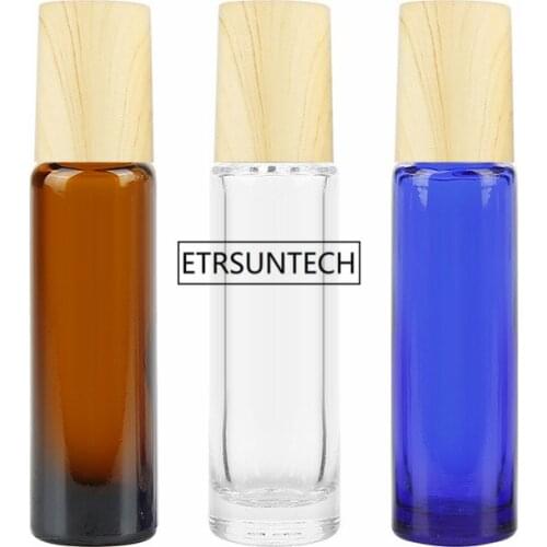 100pcs 10ml 3 Color Essential Oil Empty Perfume Bottle Roller Ball Thick Glass Roll On bottle with Wood grain cap F2241