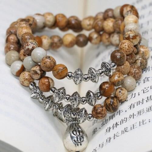 Silver-color money pendant vintage pretty natural stone Picture multilayer long bracelets for women diy jewelry B2209