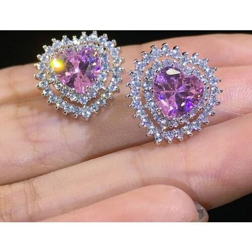 Heart Stud Earrings For Girls Pink Zircon White Gold Color Korean Womens Accessories Bridesmaid Gift Jewelry KBE440