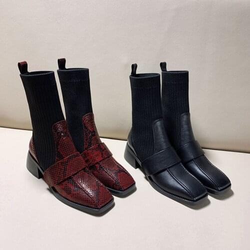 Chic Winter Boots Women Leather Sock Botas Mujer 2020 Patch Ankle Boots For Women Slip On Ladies Shoes Med Heels Bota Feminina