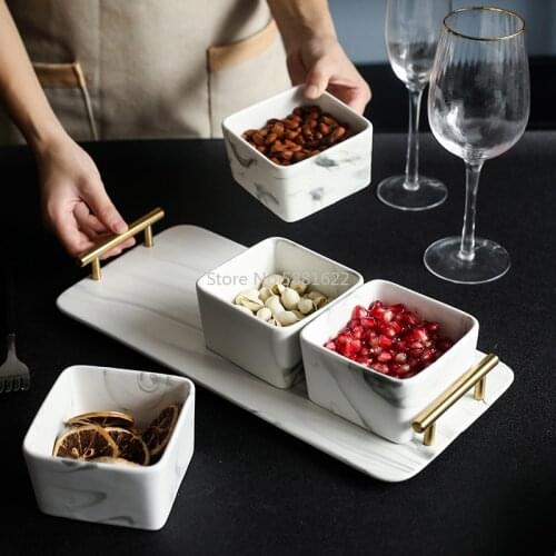 Nordic Light Luxury Marble Texture DriedFruit Dessert Plate Home Ceramic Living Room Dessert Fruit Snack Bowl Compartmentstorage