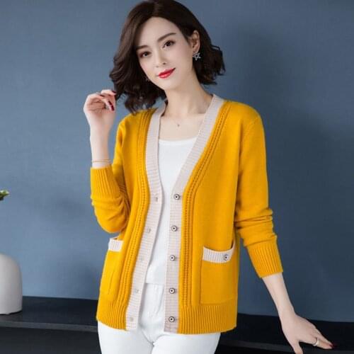 Loose Patchwork Knitted Cardigan With Pocket Fashion Large Size V-Neck Sweaters Coat For Women Korean Style Knitwear Femme