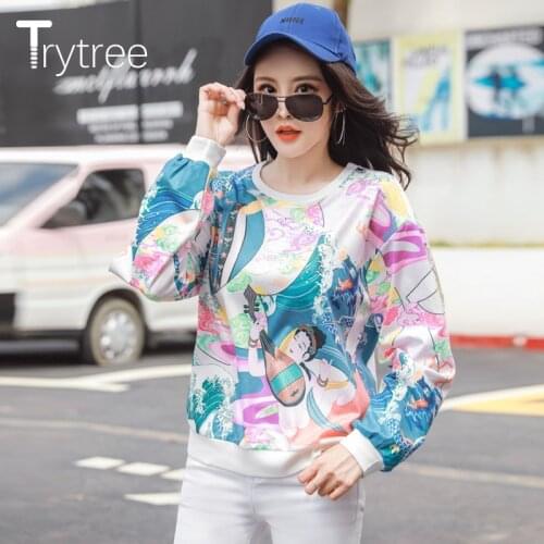 Trytree 2021 Spring Autumn Casual Cartoon Printed Satin Tops For Women O-Neck Shirt Female Streetwear Sweatshirt Dropshipping