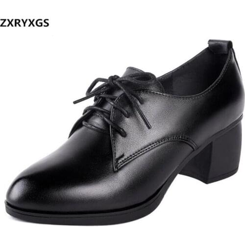 Hot 2019 Autumn New British Wind Lace-up Women Shoes High Heels Deep Mouth Large Size Black Genuine Leather Shoes Woman Shoes