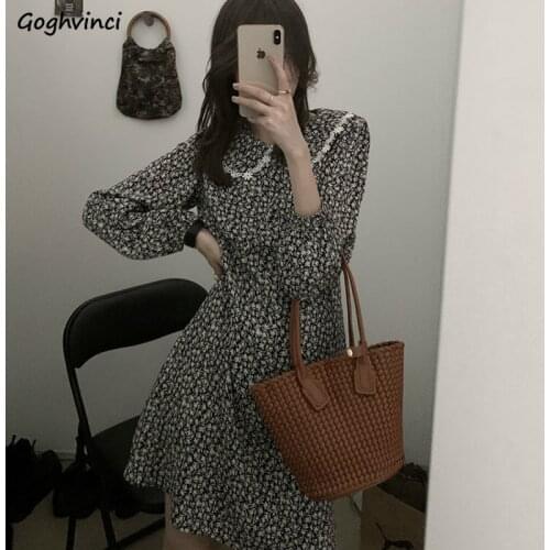 Long Sleeve Dresses Women Floral Lace Korean Style French Vintage Peter Pan Collar Mid-calf Retro Sweet Elegant Lady High Waist