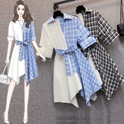 2021 Summer New Women Dress Loose And Thin Large Size Dress Plaid Irregular Hem Shirt Women Dress