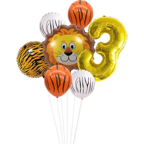 7pcs Cartoon Animal Lion Gold Number Foil Balloon Latex Balloons For Jungle Safari Birthday Party Decorations Kids 1st Birthday