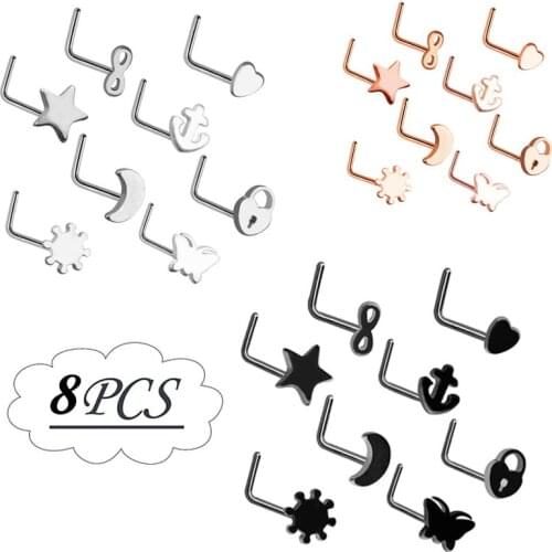 8Pcs Stainless Steel Nose Ring Piercing Set Nose Stud Cartilage Helix Screw Nose Bones Rings Body Piercing Jewelry For Gift