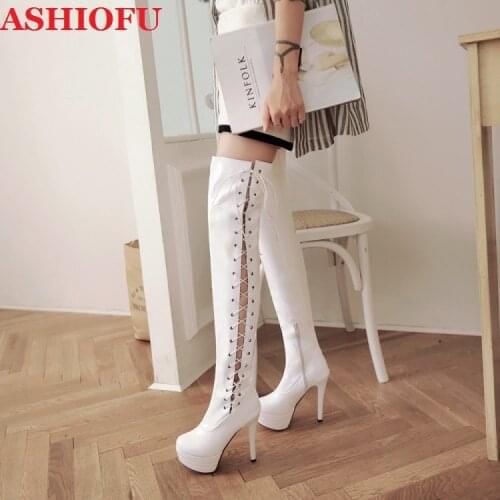 ASHIOFU New Handmade New Ladies High Heel Over Knee Boots All-match Wedding Party Thigh High Boots Sexy Club Fashion White Boots