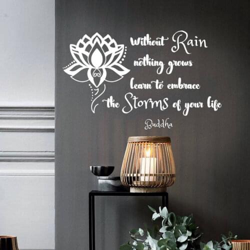 Buddha Quotes Wall Decal Without Rain nothing grows Embrace Storms Life Quote Wall Sticker Lotus Meditation Home Decor 3872