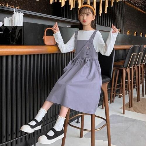 Children Girls Dresses Suit 2021 Fall Clothes for Kids Long Sleeve Top+Cotton Suspender Dress Two-piece Sets Teen Girls Clothing
