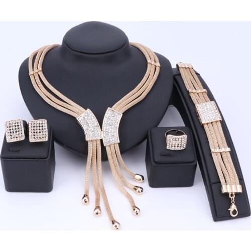 Dubai Necklace Jewelry Sets For Women Tassel Pendant Crystal Earrings Bracelet Ring Gold Color Wedding Party Bijoux Accessories