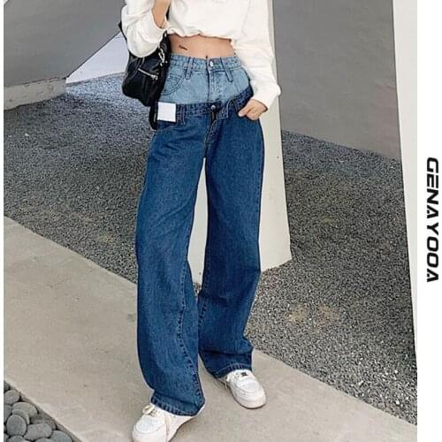 Genayooa High Waist Jeans Women 2021 Boyfriend Patchwork Mom Jeans For Women Streetwear Loose Irregular Wide Leg Pant Korean