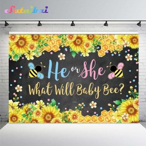 He or She What Will Baby Bee Gender Reveal Party Background Sweet Honey Sunflowers Bee Day Birthday Backdrop Photography Studio
