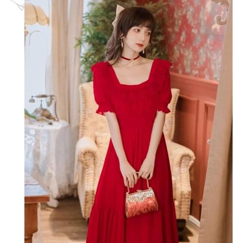 French Lace Square Neck Holiday Maxi Dress Summer Puff Sleeve Thin Red Temperament Dresses Fairy Vestido de mujer
