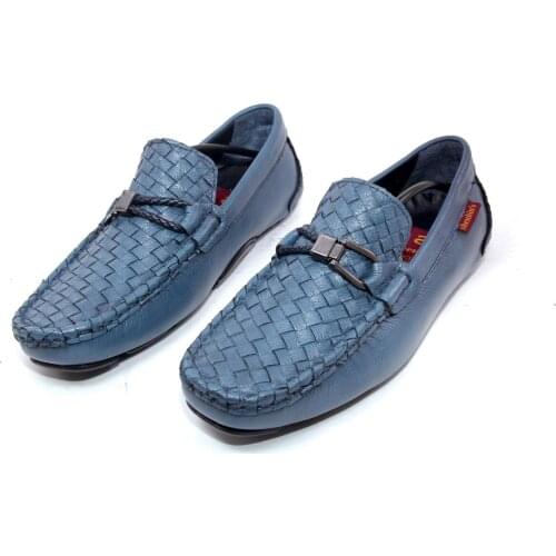 Handmade Loafers with Light Steel Blue Woven Knitted Calf Leather, Flexible Design for Extra Comfort, Mens Casual Slip On Shoes