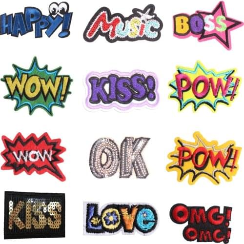 English Letters Patches Embroidery Iron On Patch Stripes Clothing DIY Stickers Sew On Clothes Denim Jacket Sequin Appliques F