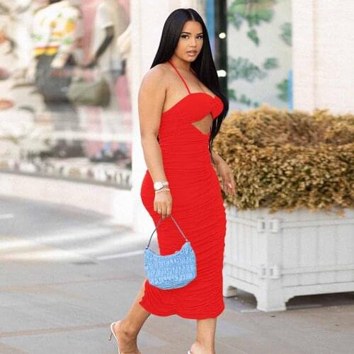 Orange/red Ruched Pleated Sexy Long Party Dress Women Halter Neck Backless Bandage Dress Elegant Backless Hollow Holiday Dress