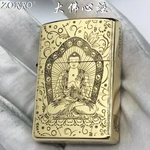 Original ZORRO Kerosene Lighter Pure Copper Fine Carving Classic Buddha Heart Sutra Pattern Collection Gift Smoking Tool