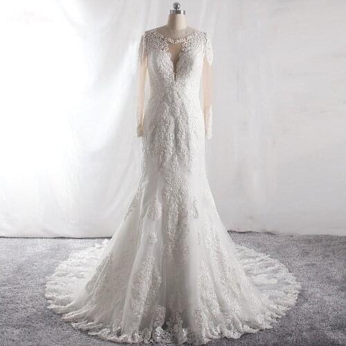 LZ442 Luxury Heavy Beading Pearls O-Neck Long Sleeve Wedding Dress Sequined Lace Chapel Train Mermaid Dress