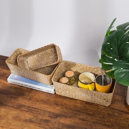 Handmade Woven Storage Basket Rectangular Rattan Fruits Sundries Storage Boxes Seagrass Picnic Basket Holder Cosmetics Organizer