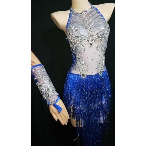 Silver Rhinestones Blue Fringes Dress Female Singer Dancer Stage Performance Crystals Outfit Women Birthday Bar Nightclub Wear