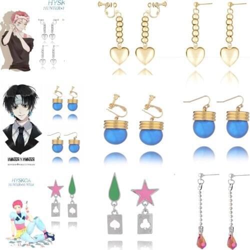 Anime Figure Hisoka Kulolo Kurapika Cosplay Earrings Ear Clip Hunter x Hunter Golden Heart Drop Earrings for Women Men Jewelry