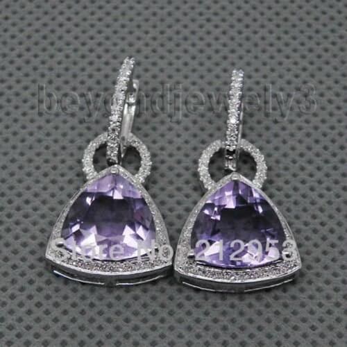 Trillion 11mm Genuine Natural Purple Amethyst Earrings In Drop Solid 18Kt &750 White Gold Diamond Drop Earrings For Women E00127