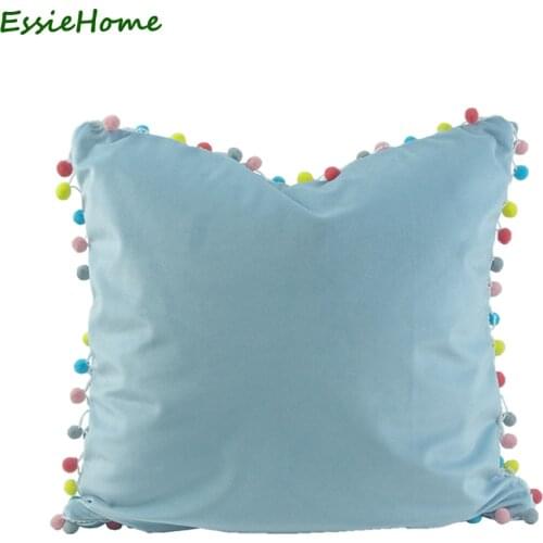 ESSIE HOME Blue Light Blue Cute Soft Velvet Pom Pom Trim Cushion Cover Pillow Case Tassel Lovely Childrens Room Decoration